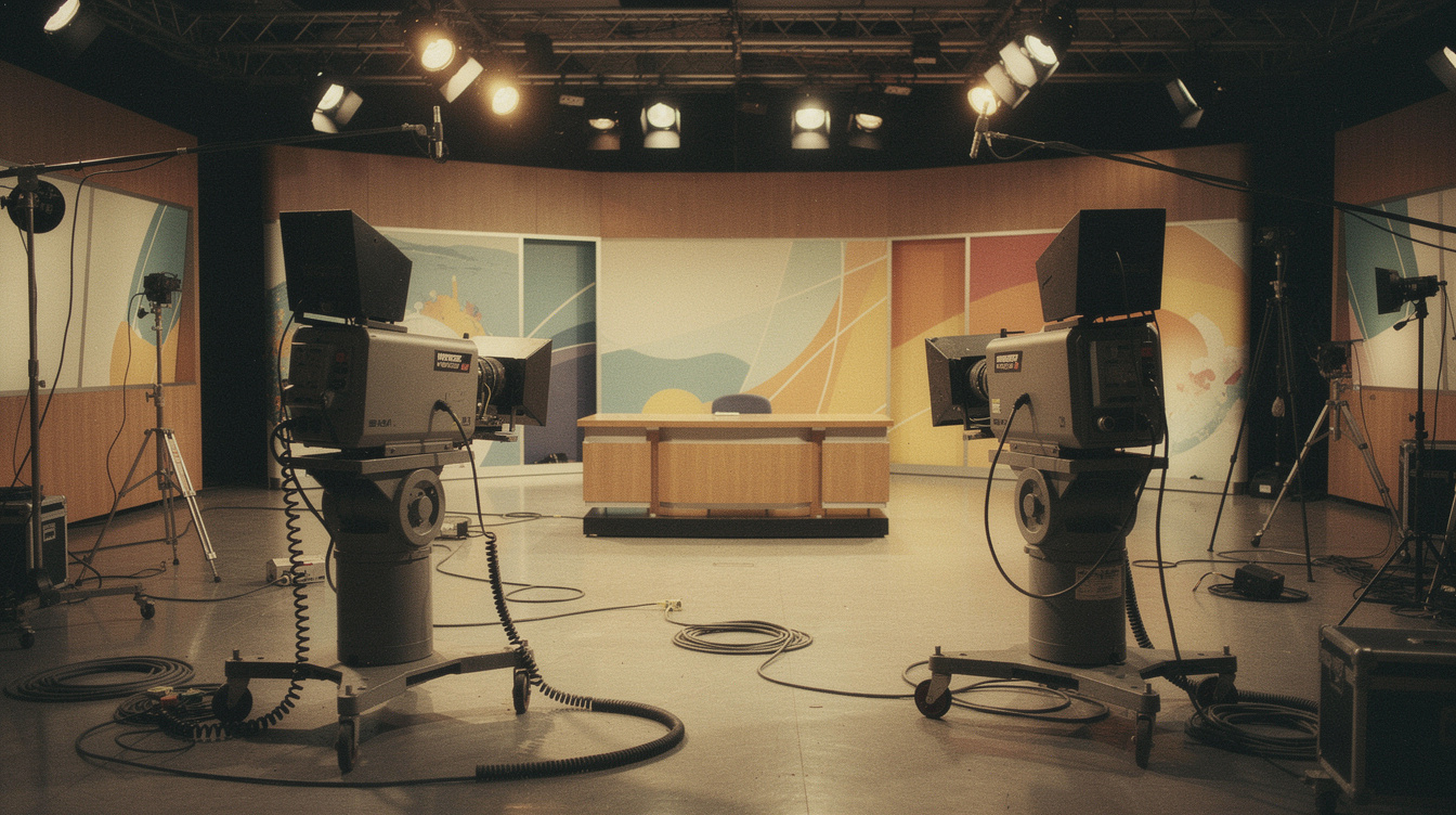 Vintage television studio with old broadcast cameras and stage lights